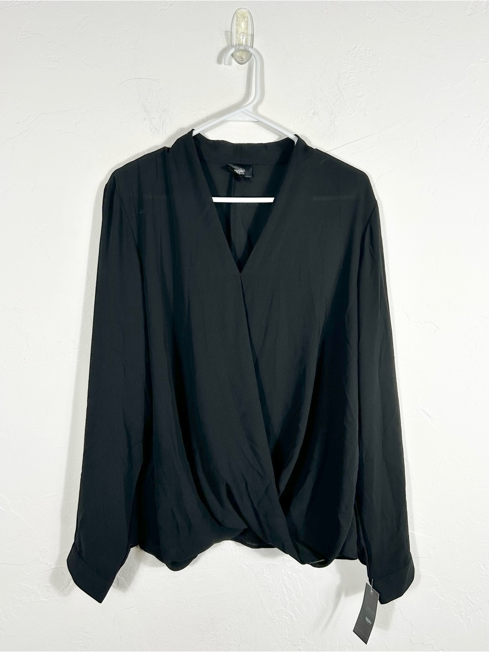 Mossimo Black Long Sleeve Surplice Wrap Blouse Size L NWT Ebony Draped V-Neck T